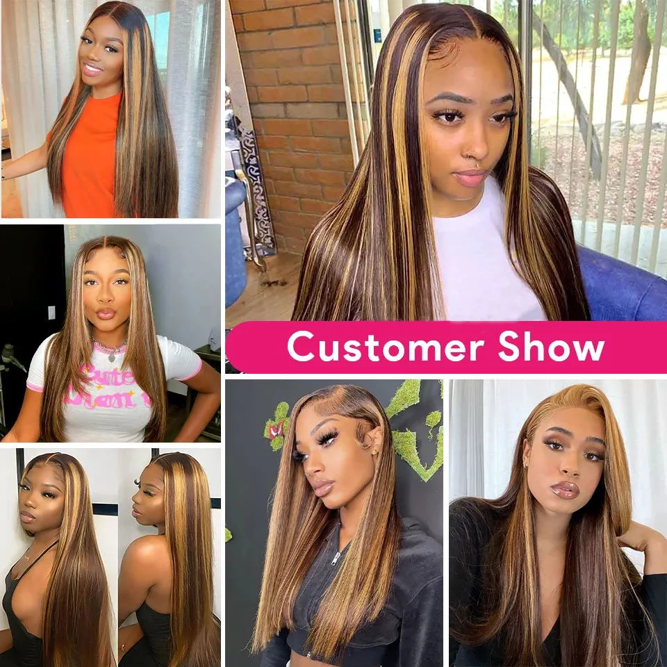 Highlight Hair Brazilian Remy Hair With 13X4 Lace Frontal Straight Bundles With Lace Closure P4/27 Straight Blonde Bundles