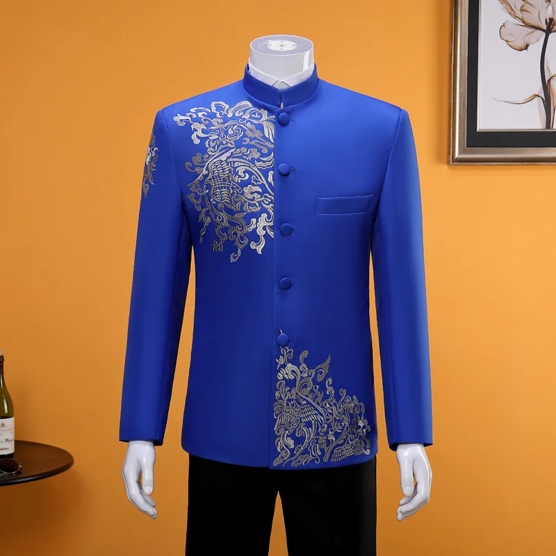 Men Standing Collar Embroidered Suit 2 Piece Fashion Male Business Social Wedding Prom Stage Performance Dress Blazer Pant