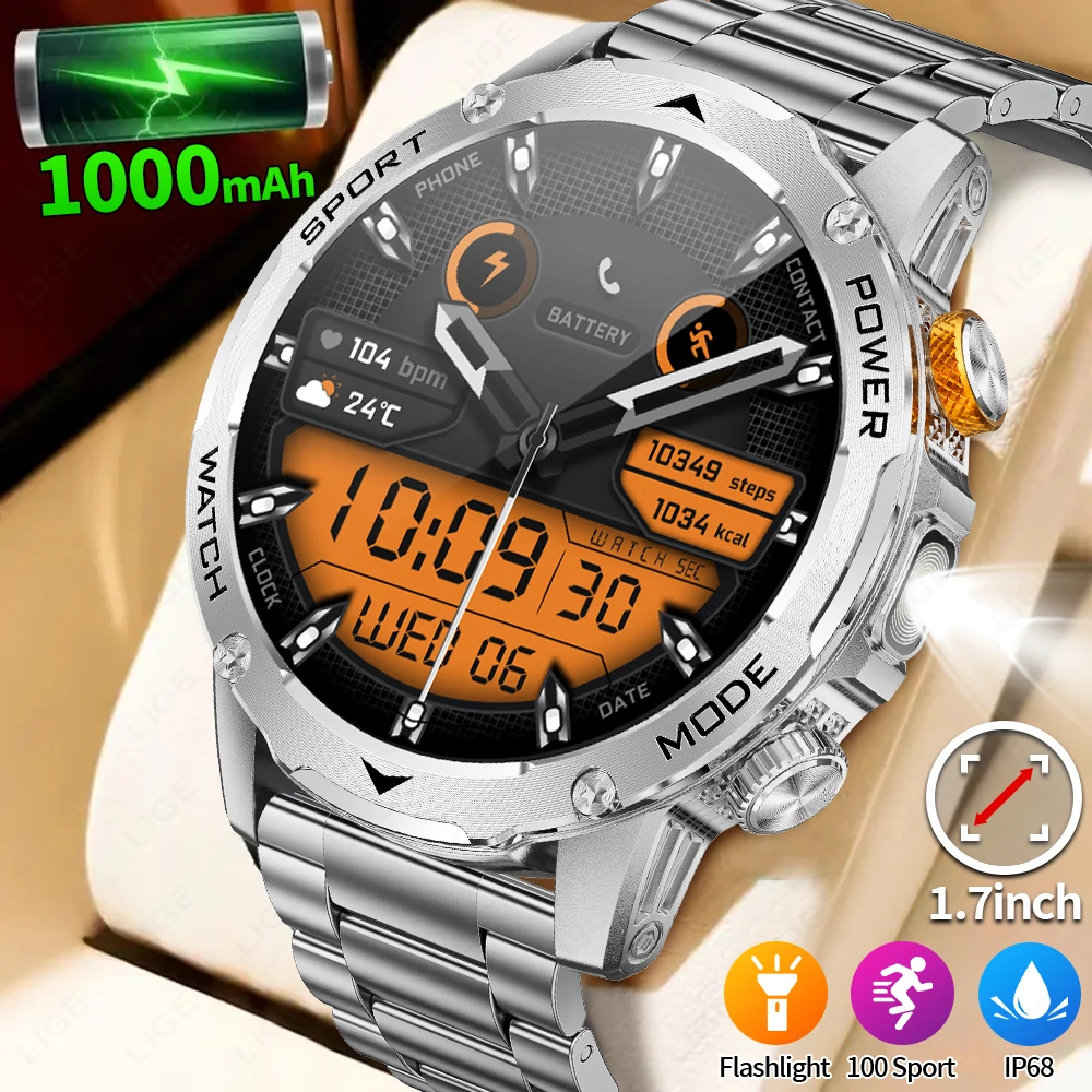 LIGE Smart Watch Outdoor 1000mAh Long Standby Smartwatch Man LED Flashlight Waterproof Heart Rate Sport BT Call Smartwatches Men