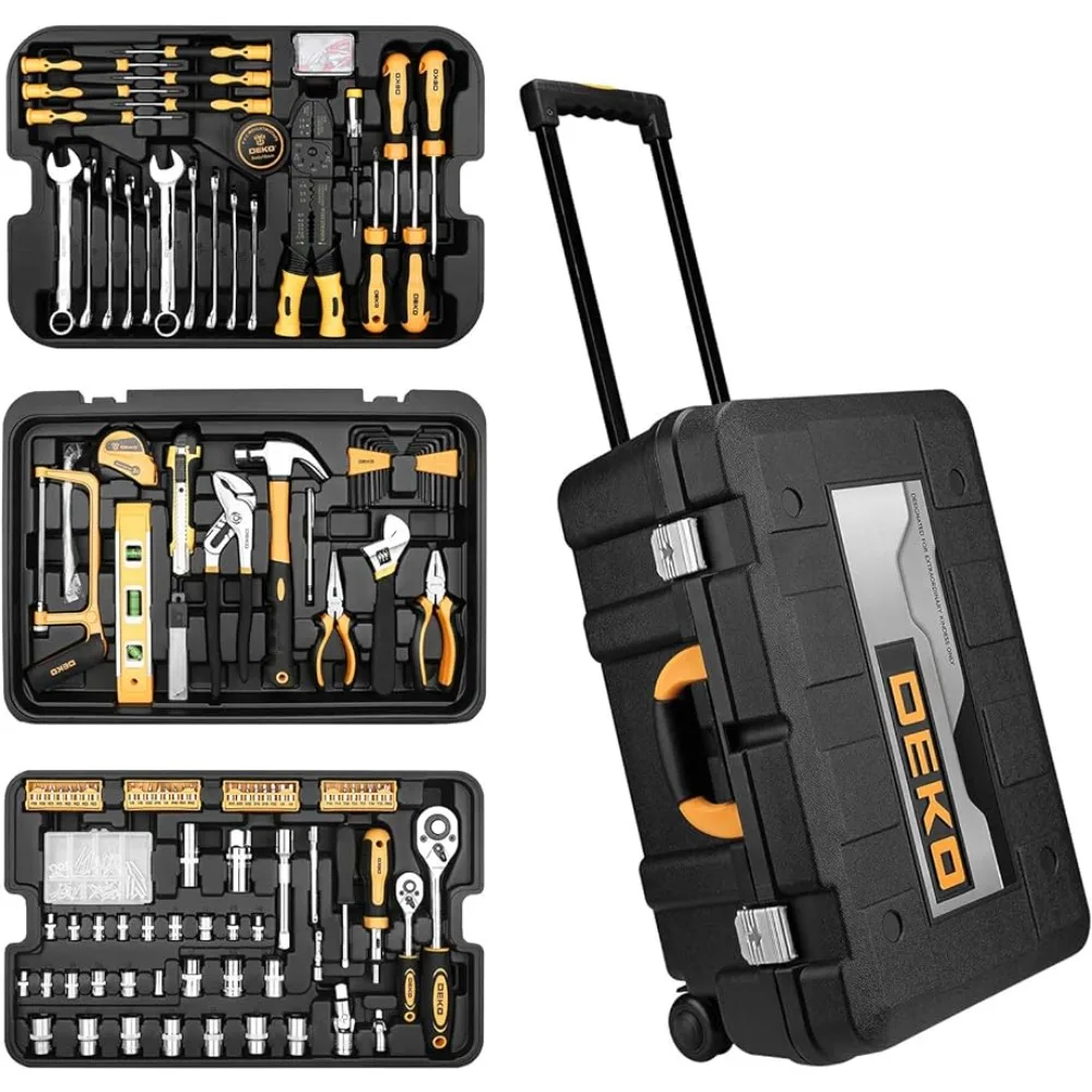 

DEKOPRO 258 Piece Tool Kit with Rolling Tool Box Socket Wrench Hand Tool Set Mechanic Case Trolley Portable，Portable Rolling Box