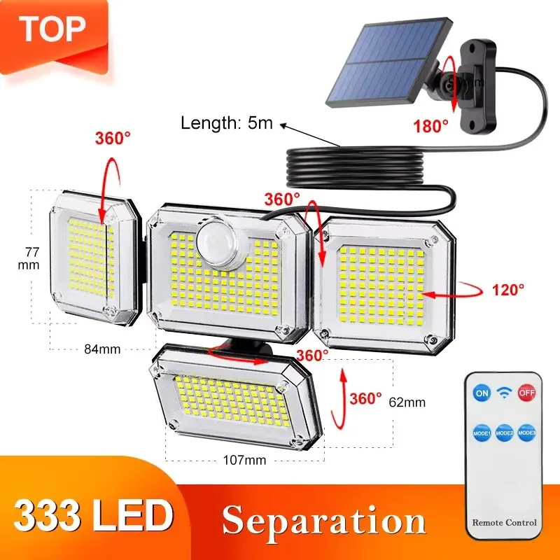 Solar Light 20w 122/333led IP65 Waterproof 3 Mode Adjustable Head
