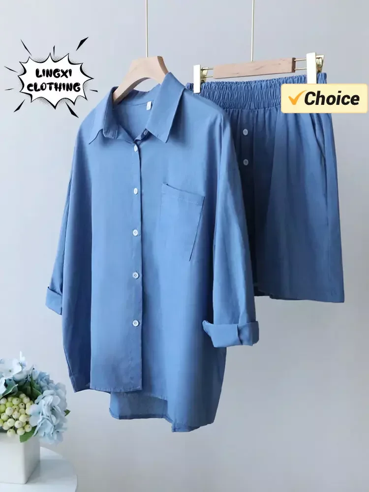 

Summer Casual Cotton Elegant Linen Women's Suit Shirt and Shorts Set Long Sleeved Two-piece Sports Shorts Commuting Set