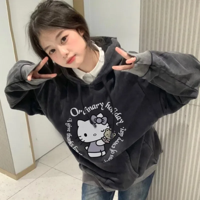 

Cartoon Hellokitty Sweatshirt Retro Hooded Winter Velvet Cool Sweatshirt Anime Sanrio Girl Student Oversize Long-sleeved Jacket