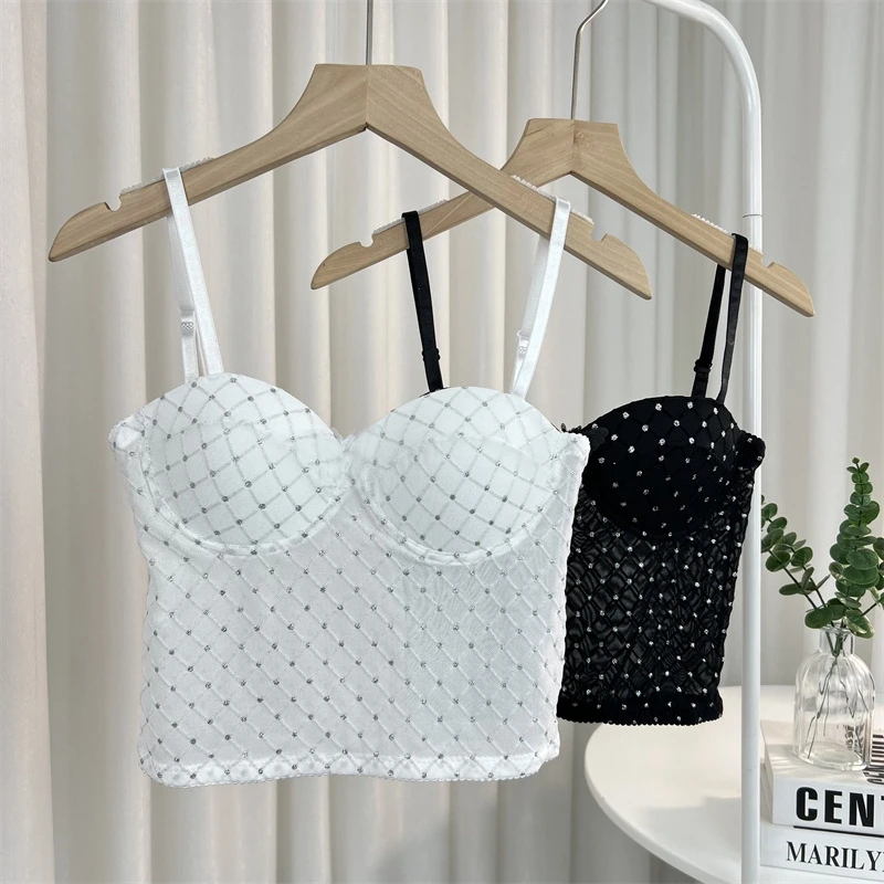 

Sexy Women with Bra Pad Summer Elasticity Night Clubwear Diamond Crop Tops Spaghetti Strap Cami Slim Fit Tanks Cropped Shirts