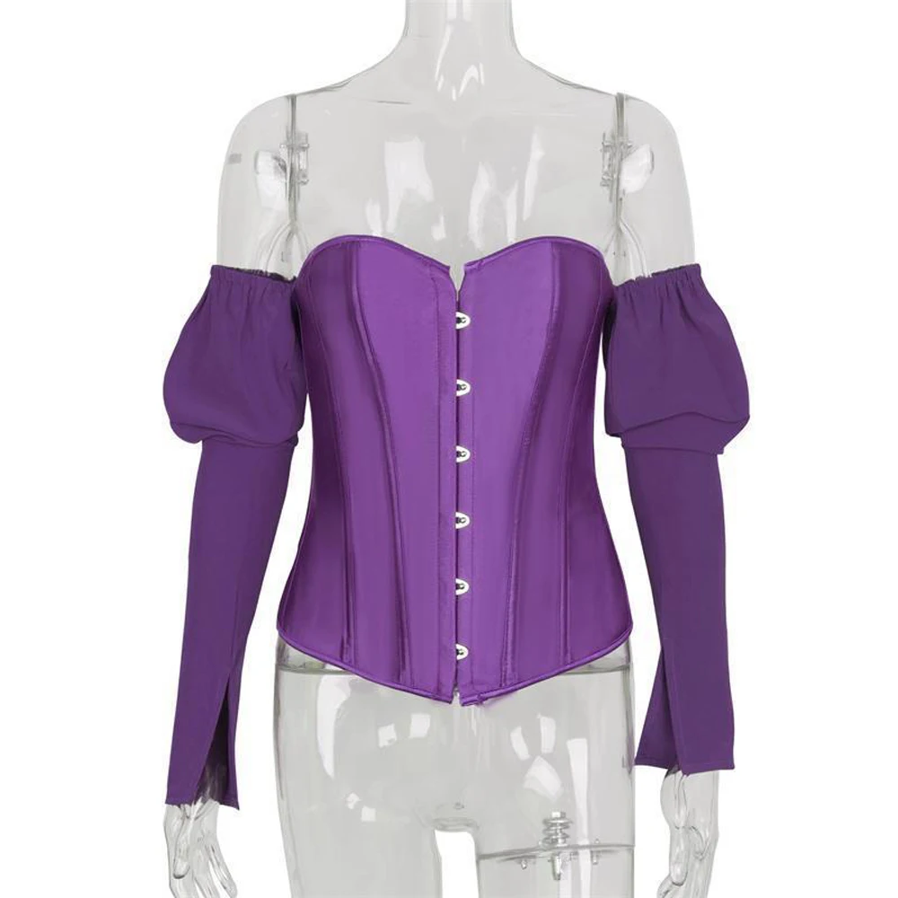 

Ladies Muliti Color Satin Long Sleeve Slash Neck Backless Bandage Sexy Crop Tops Patchwork T-shirts Gothic Corset Shirt