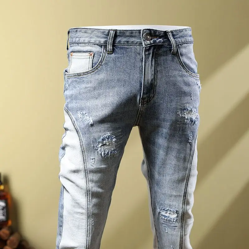 Men\'s Jeans Social Fashion Men\'s Autumn Patch Splice Used Motorcycle Vintage Pants skinny Ripped jeans jeans men