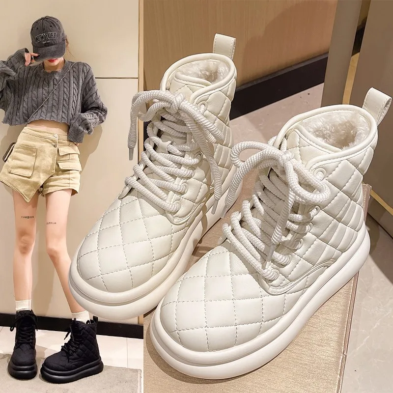 

Flat Heel Snow Boots For Women Boots-Women White Shoes Winter Footwear Round Toe 2023 High Heel Rubber Ladies Slip-On Rome Fabr