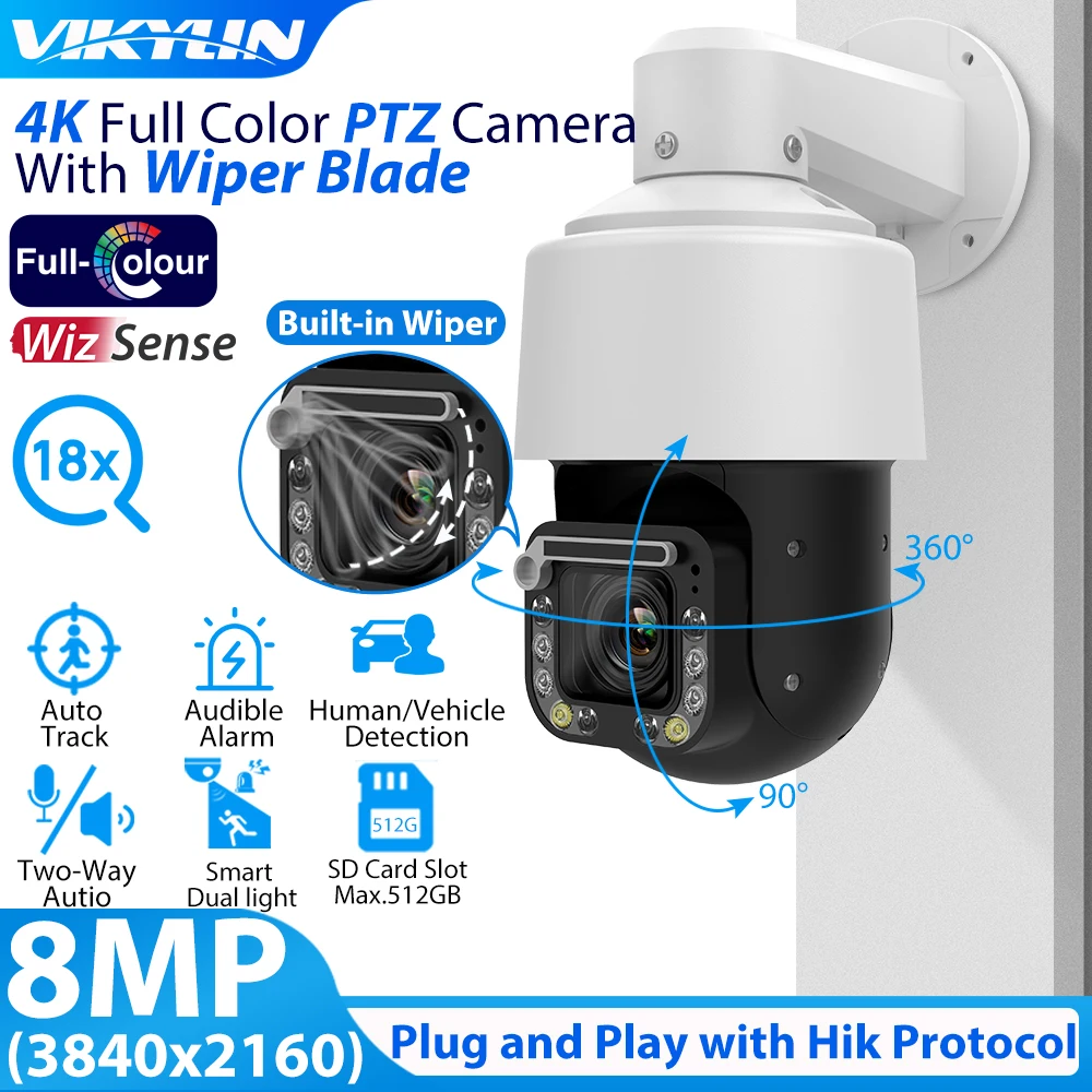 

Vikylin 4K PTZ 18X Optical Zoom Camera With Wiper Blade PoE Dome 8MP Hik Compatible Auto Track Human Vehicle Two Way Audio Cam