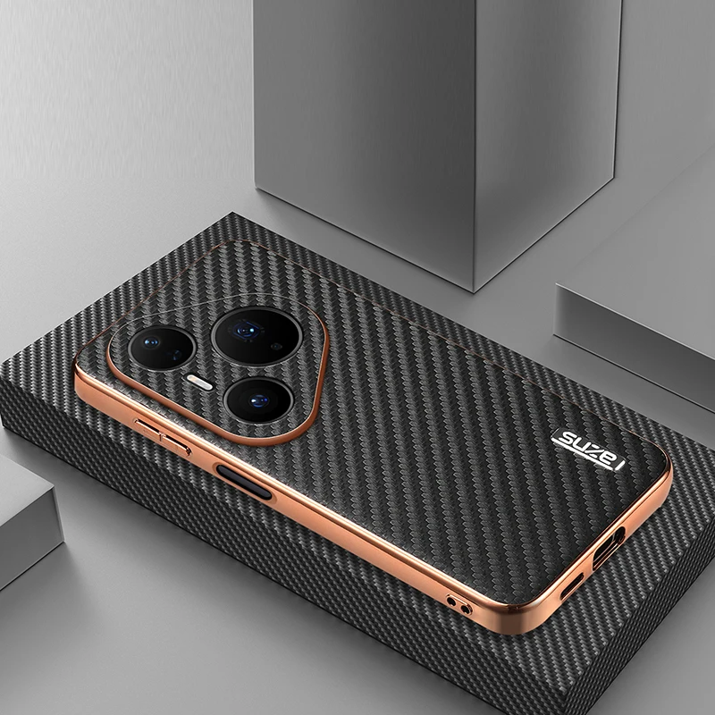 Luxury Carbon Fiber Texture Leather Case with Plated Soft Bumper Back Cover