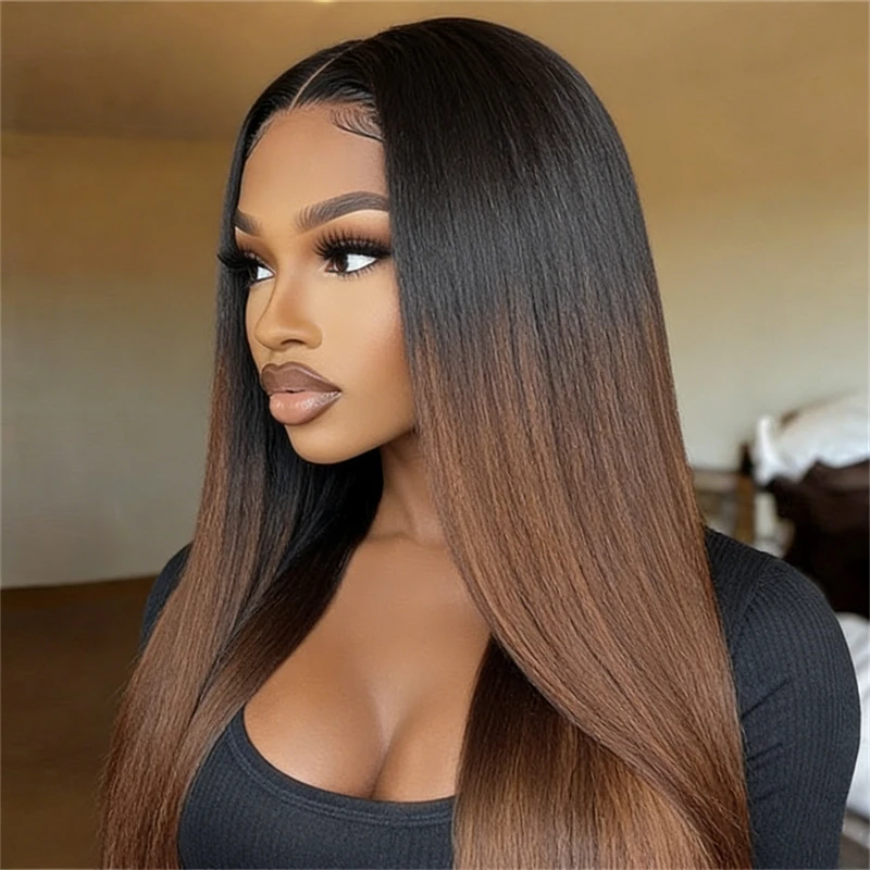 VSHOW 야키 스트레이트 인모 V파트 가발 (인비시 드로스트링 체스트넛 브라운 옴브레) 착용하기 간편한 글루리스 가발