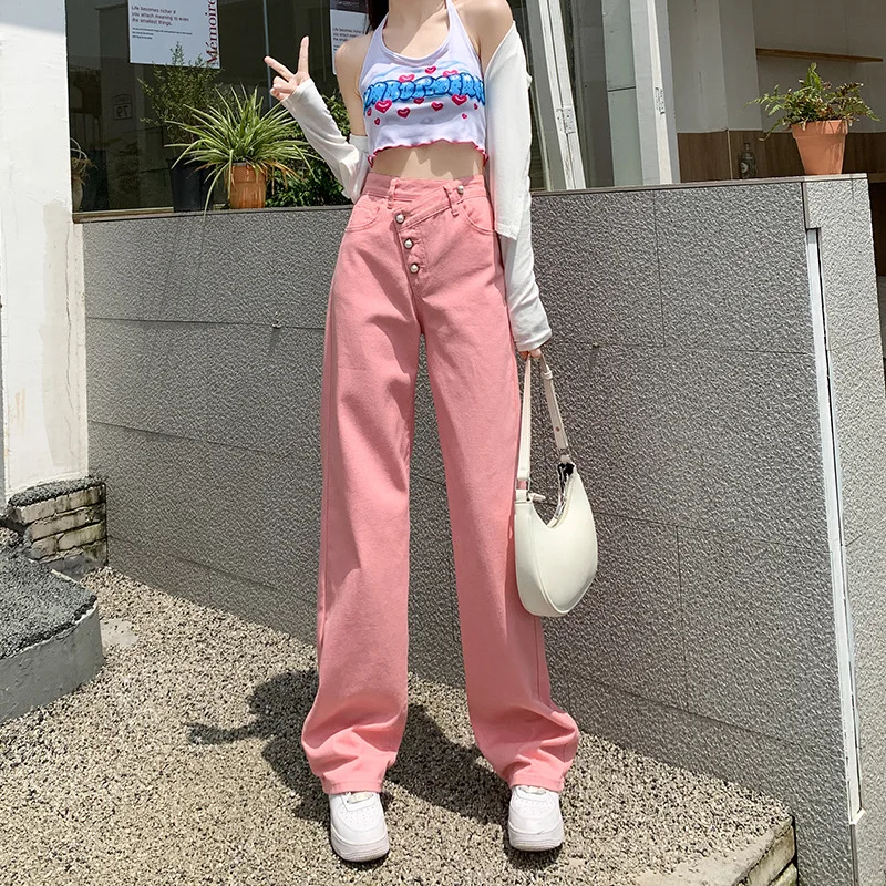 Summer Pink Chic Ripped Jeans Women High Waist Multi-Button Wide Leg Pants Solid Colors Casual Commute Trousers Black Streetwear