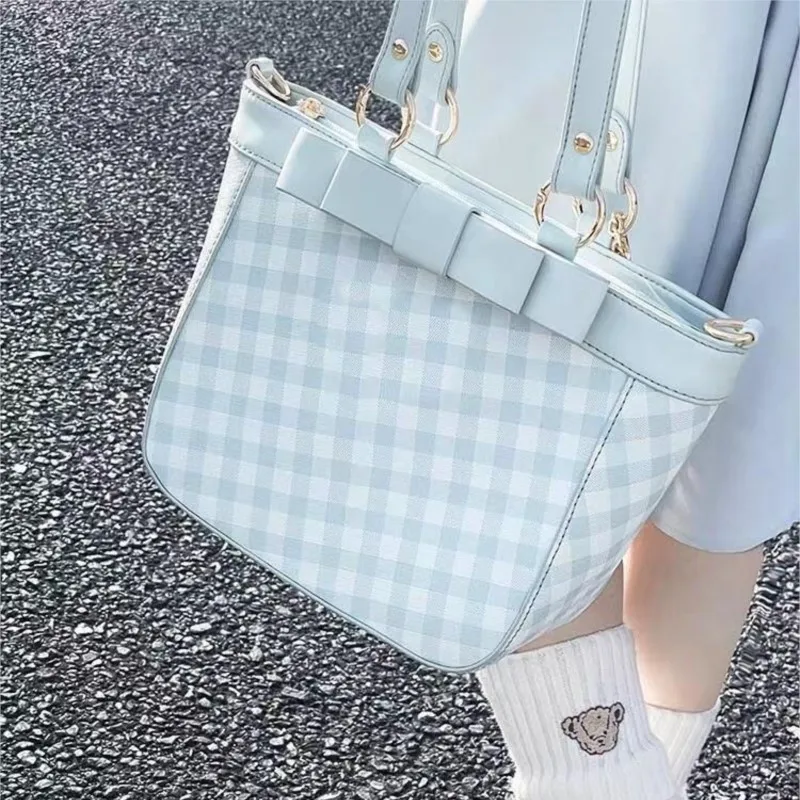 JIAERDI Japanese Sweet Cute Tote Bag Women Anime Merch Plaid Transparent Ita Bag Ladies Campus JK Style Large Capacity Handbag