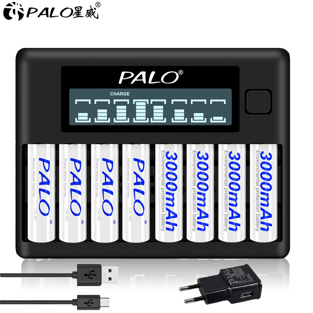 

PALO 8 Slots LCD Smart Battery Charger For 1.2V AA AAA Ni-MH Rechargeable Batteries 3A 2A NI MH NI CD Battery USB Charger