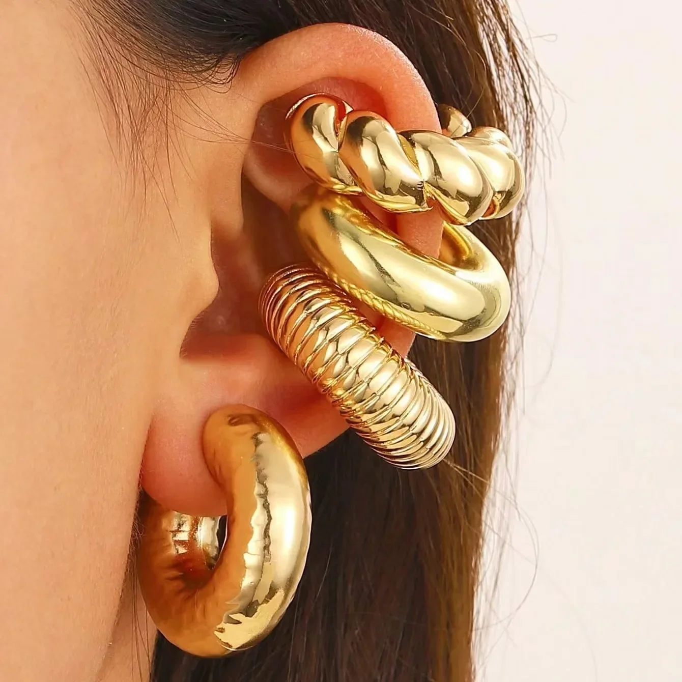 Clip Earrings 4Pc/set Vintage Geometric Women Glossy C Shape No Piercing Fake Cartilage Ear Cuff