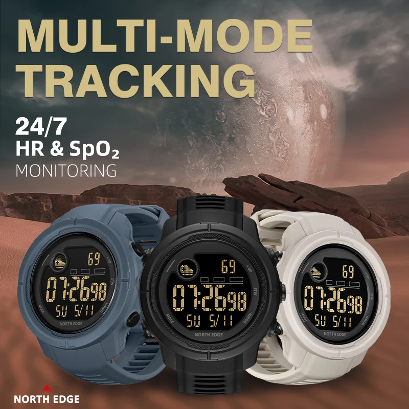 NORTH EDGE MARS 5 smartwatch voor heren digitaal horloge buiten militaire sport LED-horloges waterdicht 50M HR & SpO2 Health Trackr - Afbeelding 2