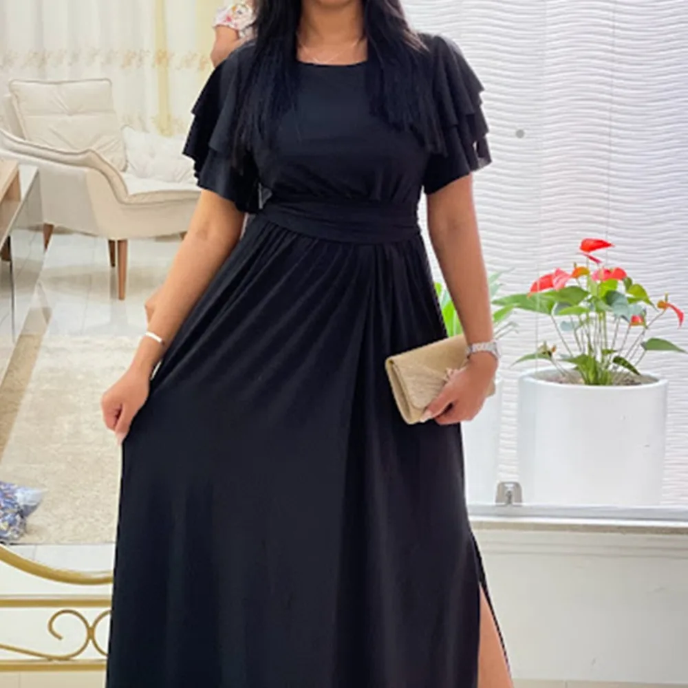 

Woman Clothing Large Women's New 2024 Long Slept Solid Color Slide Sexy Flying Sleep Round Neck Black Plus Size Outdoor Dress