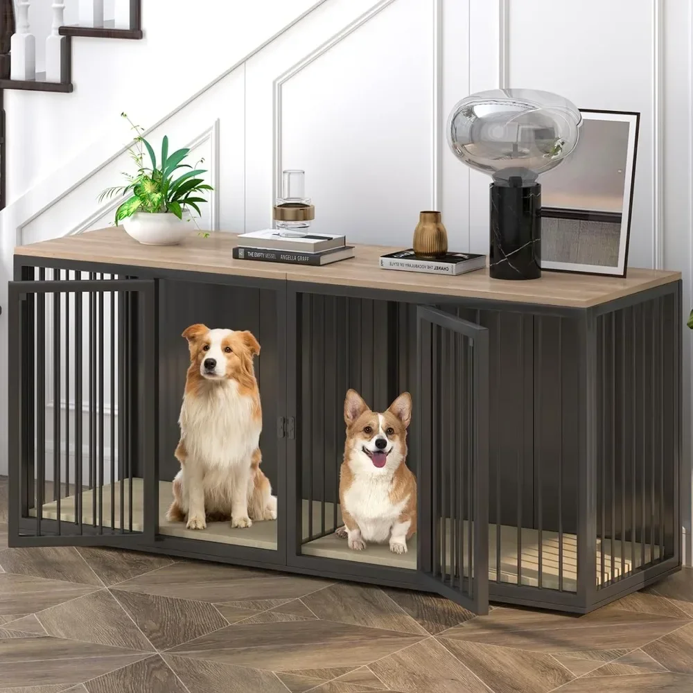 Large Dog Crate Furniture for 2 Dogs, 71.6'' Steel Frame Dog Crate with Double Doors, Heavy Sturdy Dog Kennel for Medium Large 1