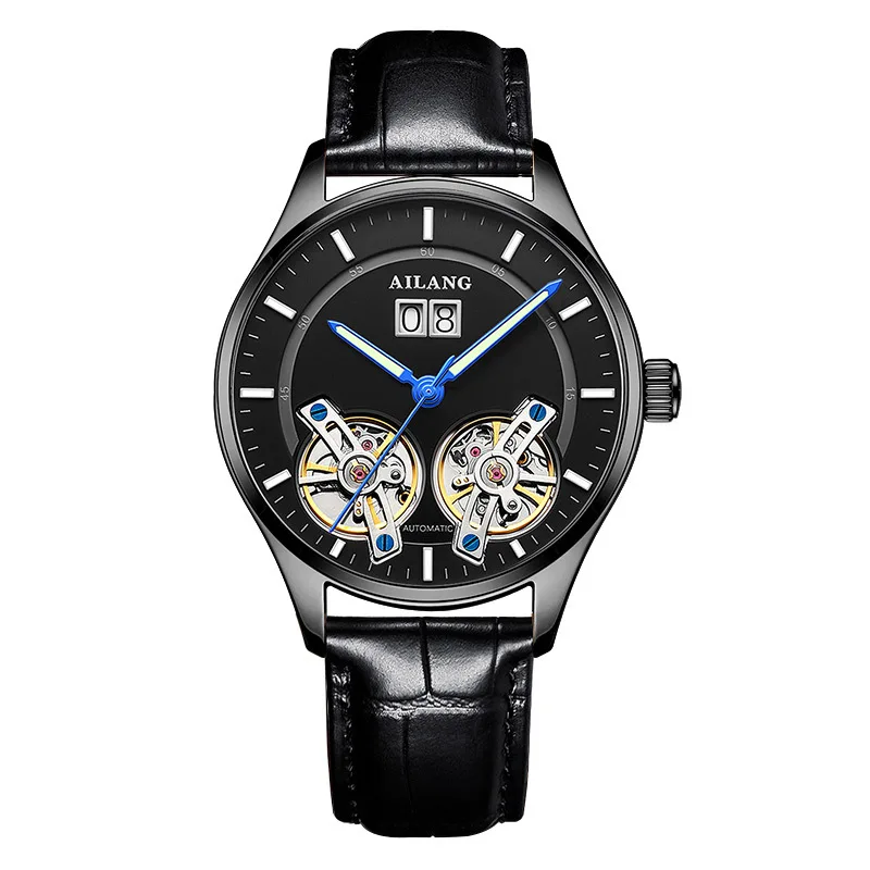 AILANG Top Brand Luxury Fashion Mechanical  Watches Simple Men's Steampunk Waterproof Leather Double Tourbillon Automatic Watch