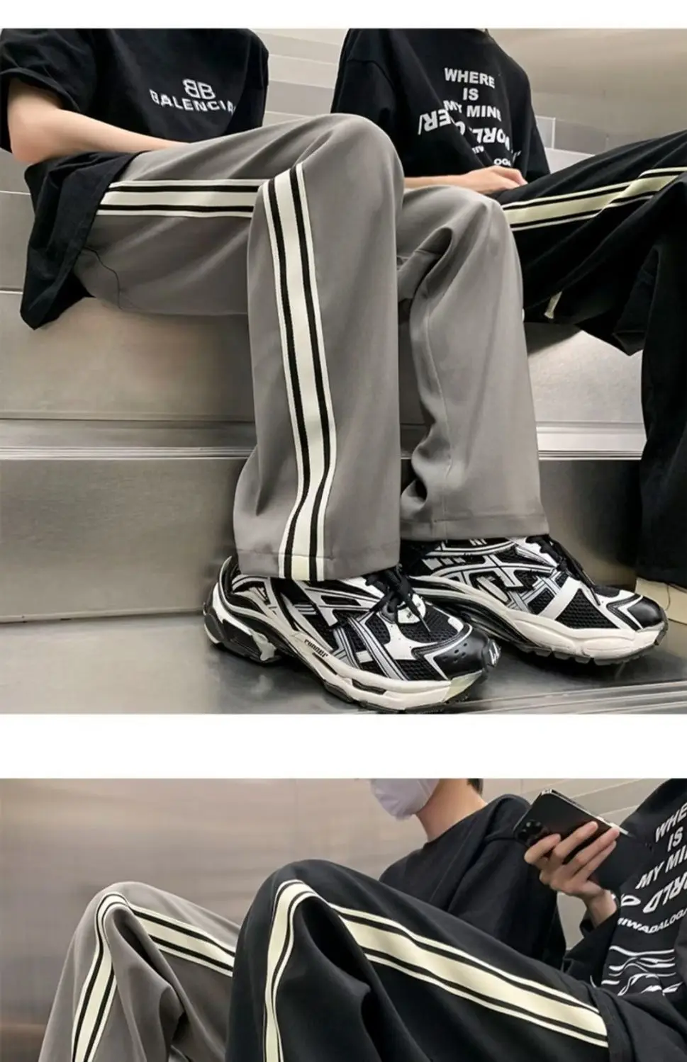 American street men and women trendy retro striped patchwork straight casual pants for spring and autumn loose wide leg pants