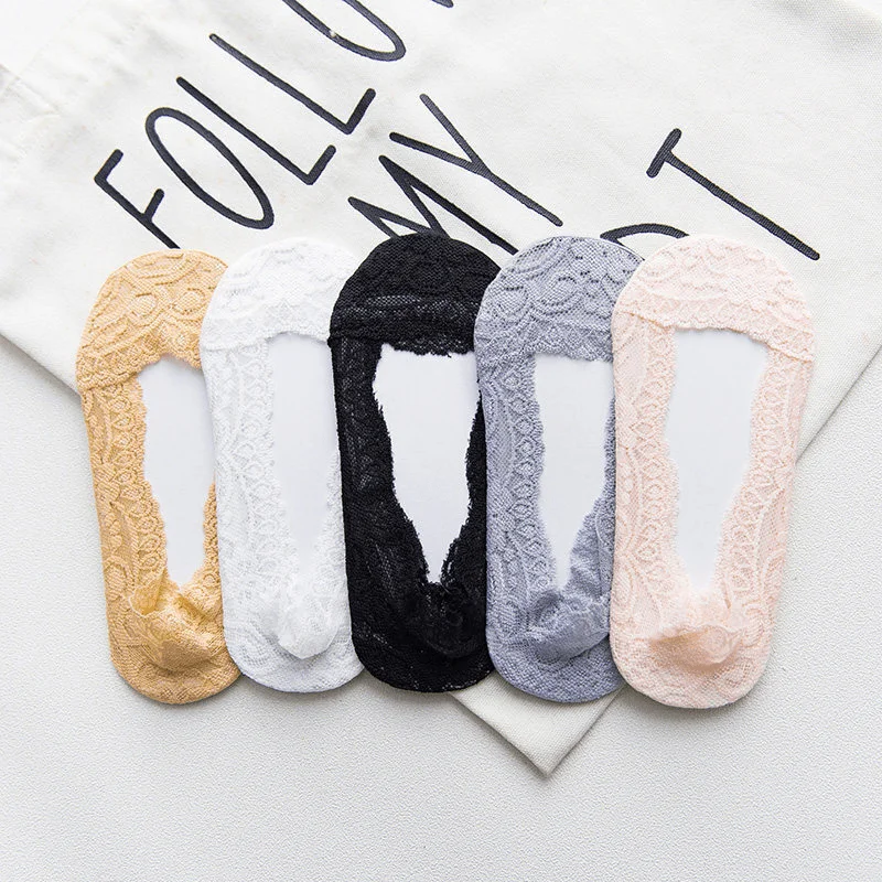 Woman Socks 6 Pairs Floral Pattern Lace Summer Non-slip Silicone No Show Boat Breathable Ballerina