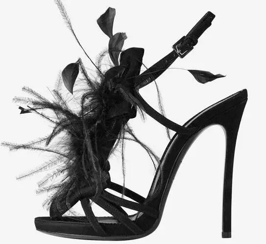 

Summer Black Purple Blue Suede Feather Fur Dress Party Sandals Women Fashion 11 CM Thin High Heel Ankle Strap Shoes Lady