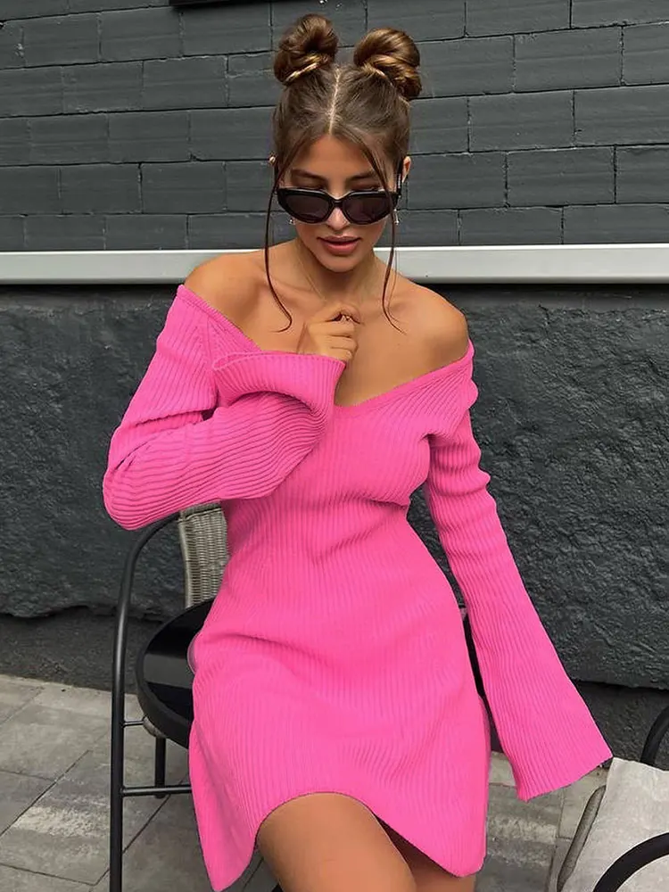 

Slim Long Sleeve Ribbed Dresses Summer Lady Chic Streetwear Robe Sexy Off Shoulder Women Knitted Mini A-line Dress Fashion Solid