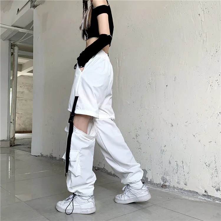 old navy capris White Streetwear Cargo Pants Women Y2k Harajuku Loose Patchwortk High Waist Trousers Casual Removable Techwear Korean bell bottom jeans