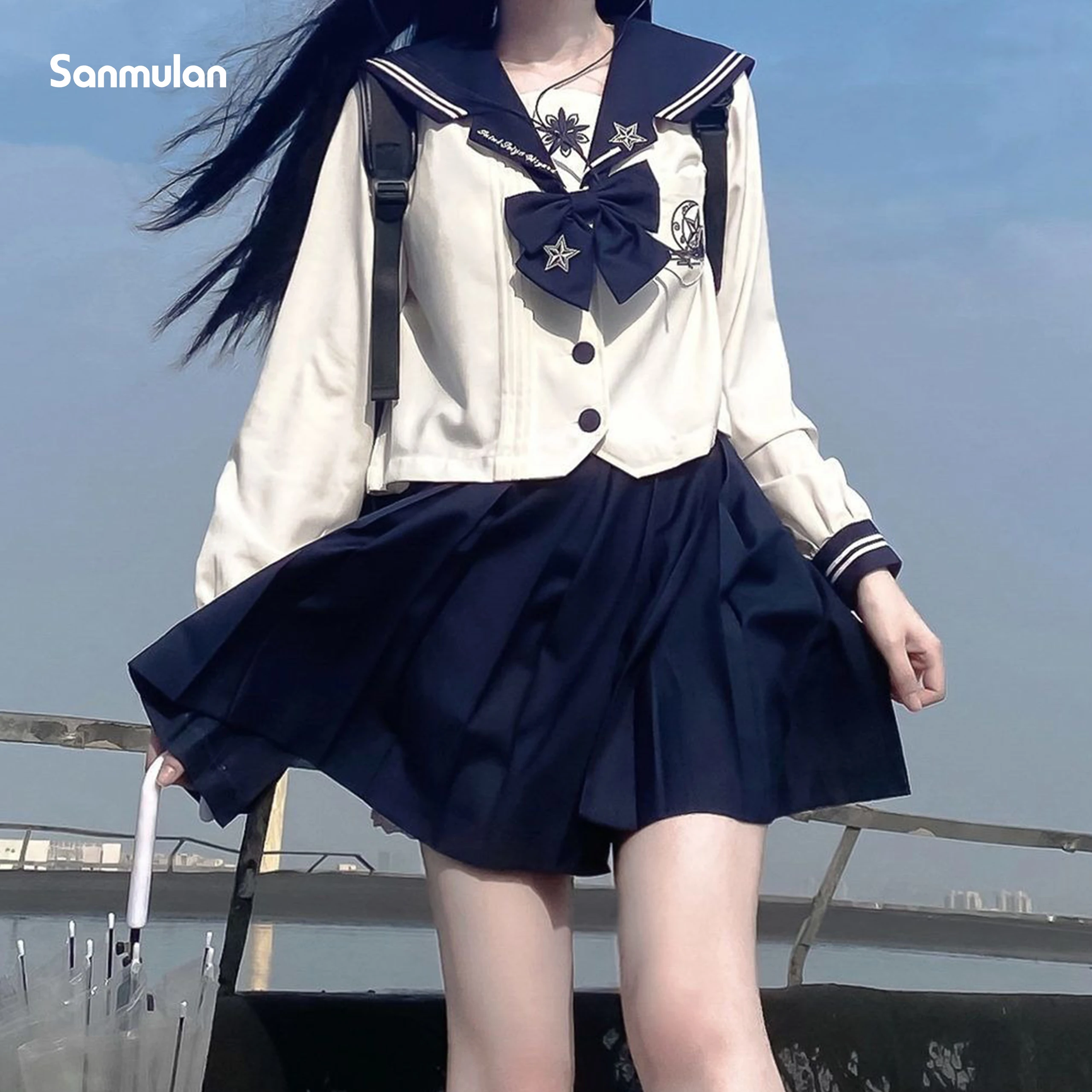 Japanese and Korean Pleated Skirt Suit College Style Embroidery JK Uniform Sailor Suit Long-sleeved School Uniform Woman Girl