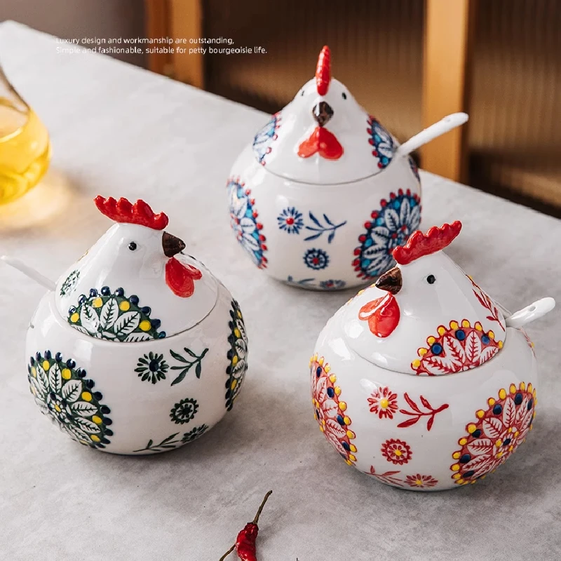 Creative Ceramic Seasoning Jar Rooster Seasoning Box Home with Lid Seasoning Box Pepper Salt Jar Moisture-proof Kitchen Tools