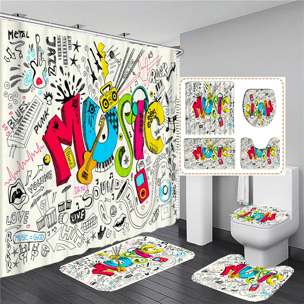 

Waterproof Music style Shower Curtain Set with Hook Toilet Covers Bath Mat for Bathroom Non-slip Rug Carpet Bathroom Accessories