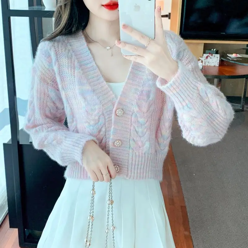 

2024 Women's Spring Autumn New V-neck Cropped Cardigans Female Long Sleeve Sweater Jackets Ladies Single Breasted Knit Coat Z399