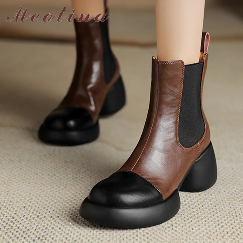 

Meotina Women Genuine Leather Ankle Boot Round Toe Platform Block High Heels Chelsea Short Boot Lady Fashion Shoes Autumn Winter