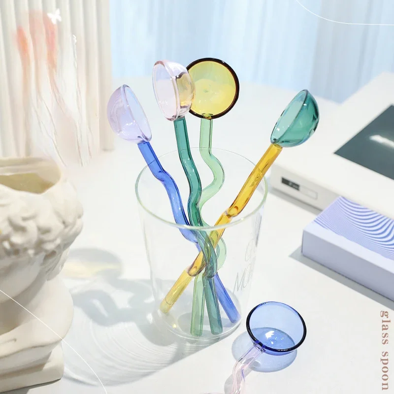 

Creative Glass Milk Spoons Colored Transparent Coffee Dessert Stirring Spoon Long Handle Round Kitchen Tableware Stirrer Rod New