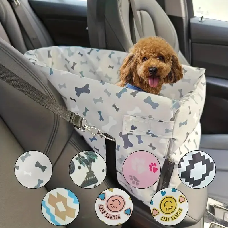 Dog Car Seat Oxford Waterproof Fashion Print Dog Car Seat Central Control Armrest Pet Booster Seat Dog Safety Car for Outdoor Travel