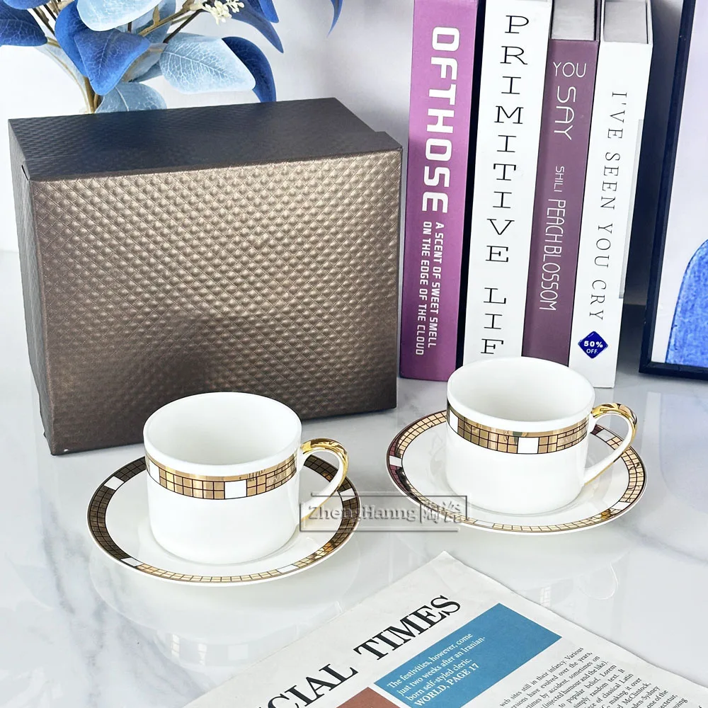 

European-style Hand-painted Light Luxury Bone China Simple Household Exquisite Straight Coffee Cup Gift Double Cup and Saucer