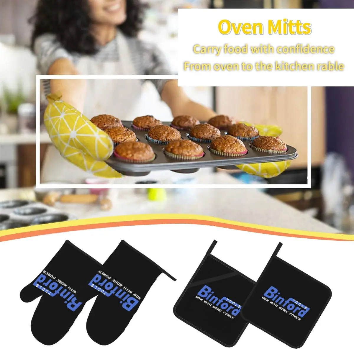 Binford Tools Oven Mitts and Pot Holder Sets of 4 for Baking Kitchen Cooking BBQ Resistant Non-Slip Gloves