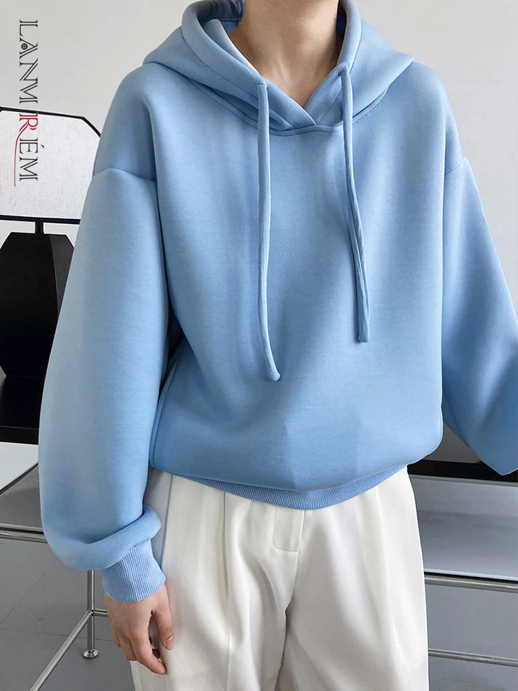 

[LANMREM] Solid Hooded Cotton Sweatshirt For Women Drawstring Long Sleeve Loose Pullover Tops 2024 Spring New Clothing 26D4584