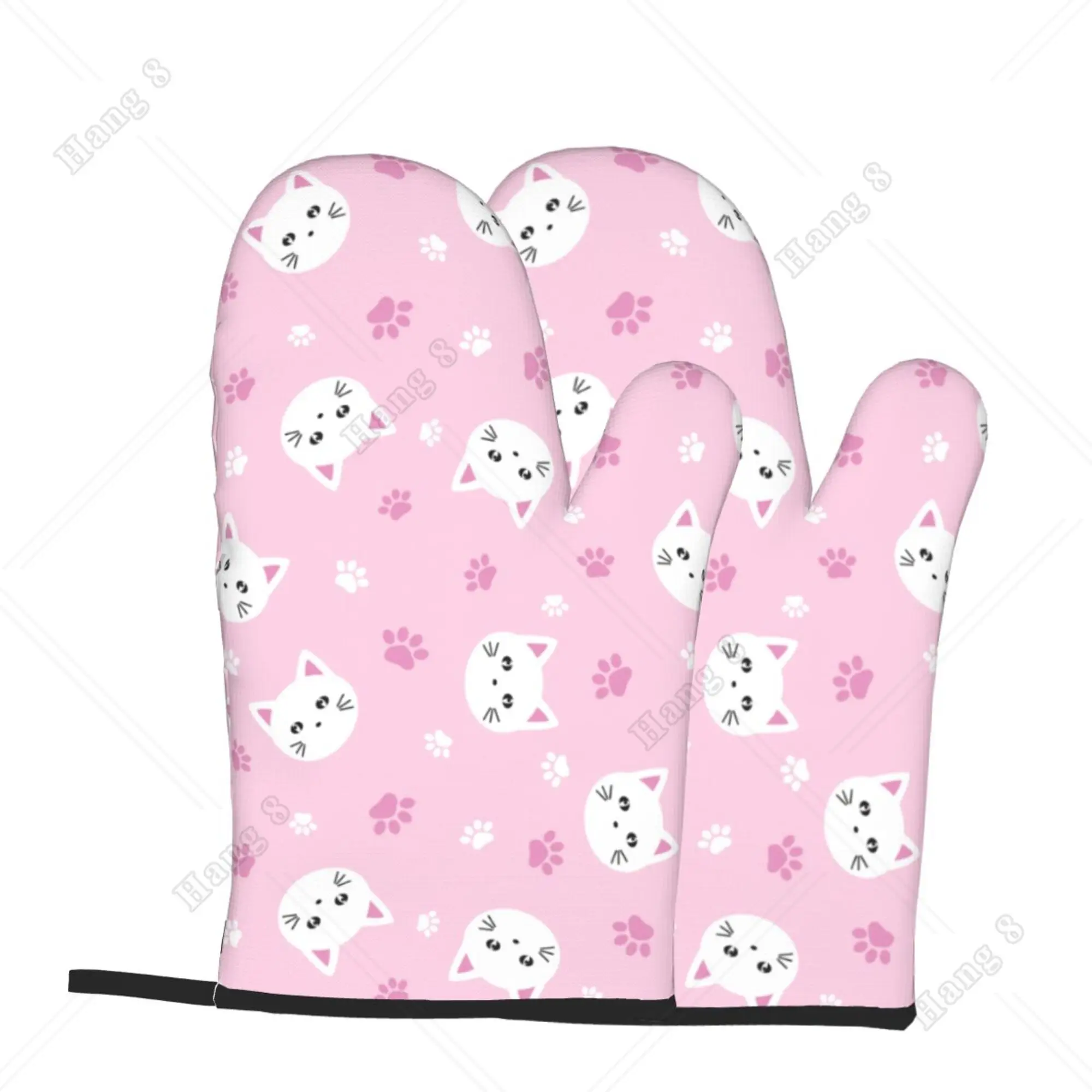 Pink Cat Cute Cartoon Oven Mitts Kitchen Gloves 2PC for Girls Women Heat Resistant Print Polyester Waterproof Cooking Baking