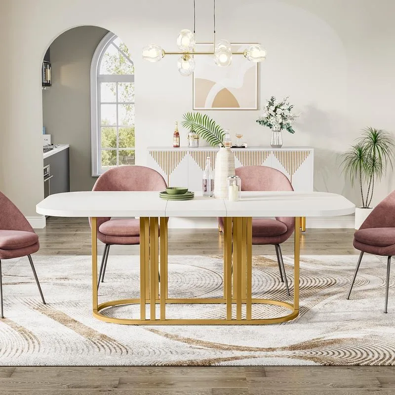 

Tribesigns Modern White Kitchen Table with Heavy Duty Oval-Shaped Gold Metal Frame, Dining Table for 6