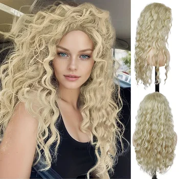 Parrucca riccia bionda gialla lunga realistica per capelli sintetici Parte libera Attaccatura dei capelli Parrucche ondulate soffici e spesse leggere Gioco di ruolo naturale Cosplay