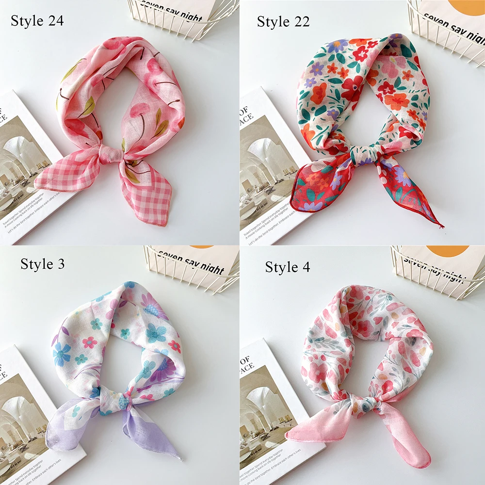 Girls Cotton Linen Small Square Scarf Hijab Shawl Korean Chic Floral Printed Headband Neckerchief Hair Accessoories 58*58cm 2