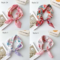 Girls Cotton Linen Small Square Scarf Hijab Shawl Korean Chic Floral Printed Headband Neckerchief Hair Accessoories 58*58cm 2