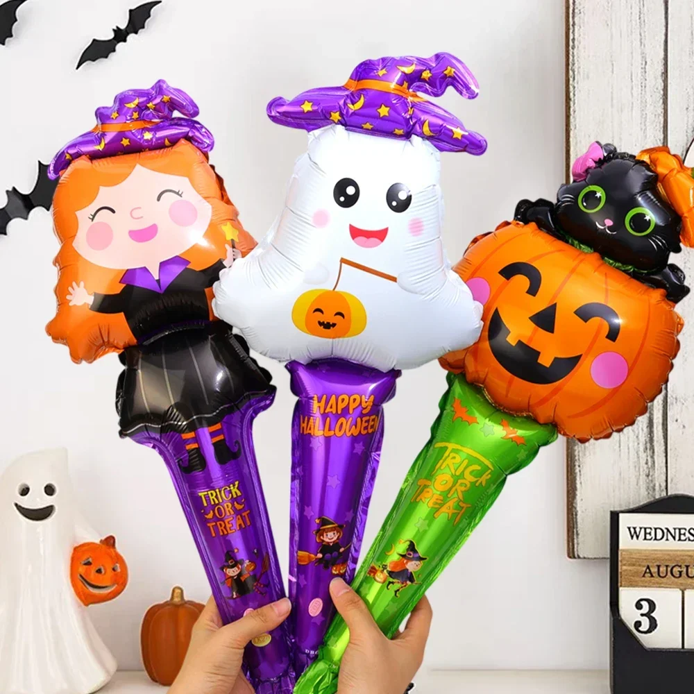 6/12/24Pcs Halloween Balloon Stick Hair Hoop Witch Pumpkin Cat Ghost Balloons Sticks Halloween Theme Party Decoration Kids Toys
