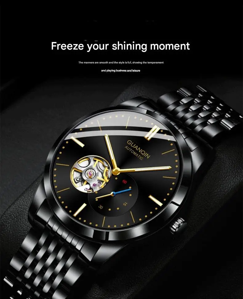 Orologio da polso da uomo GUANQIN con scheletro automatico, meccanico, a carica automatica, in acciaio inossidabile, luminoso, stile vintage, con zaffiro e impermeabile_voghion.com