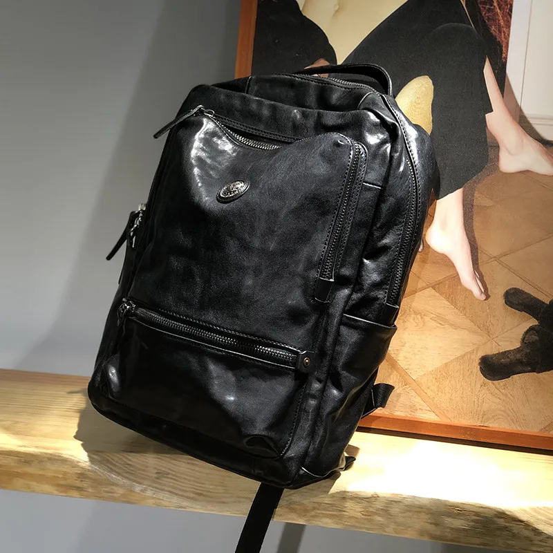 Fashion luxury genuine leather men women's black backpack casual outdoor travel high quality natural real cowhide laptop bagpack