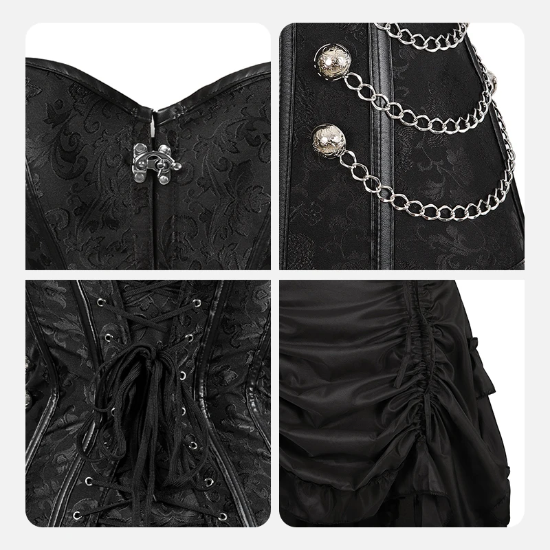 Black Gothic Corset Dress Faux Leather Plus Size Corset with Dress Medieval Blouse Tops Long Sleeves Pirate Costume for Women