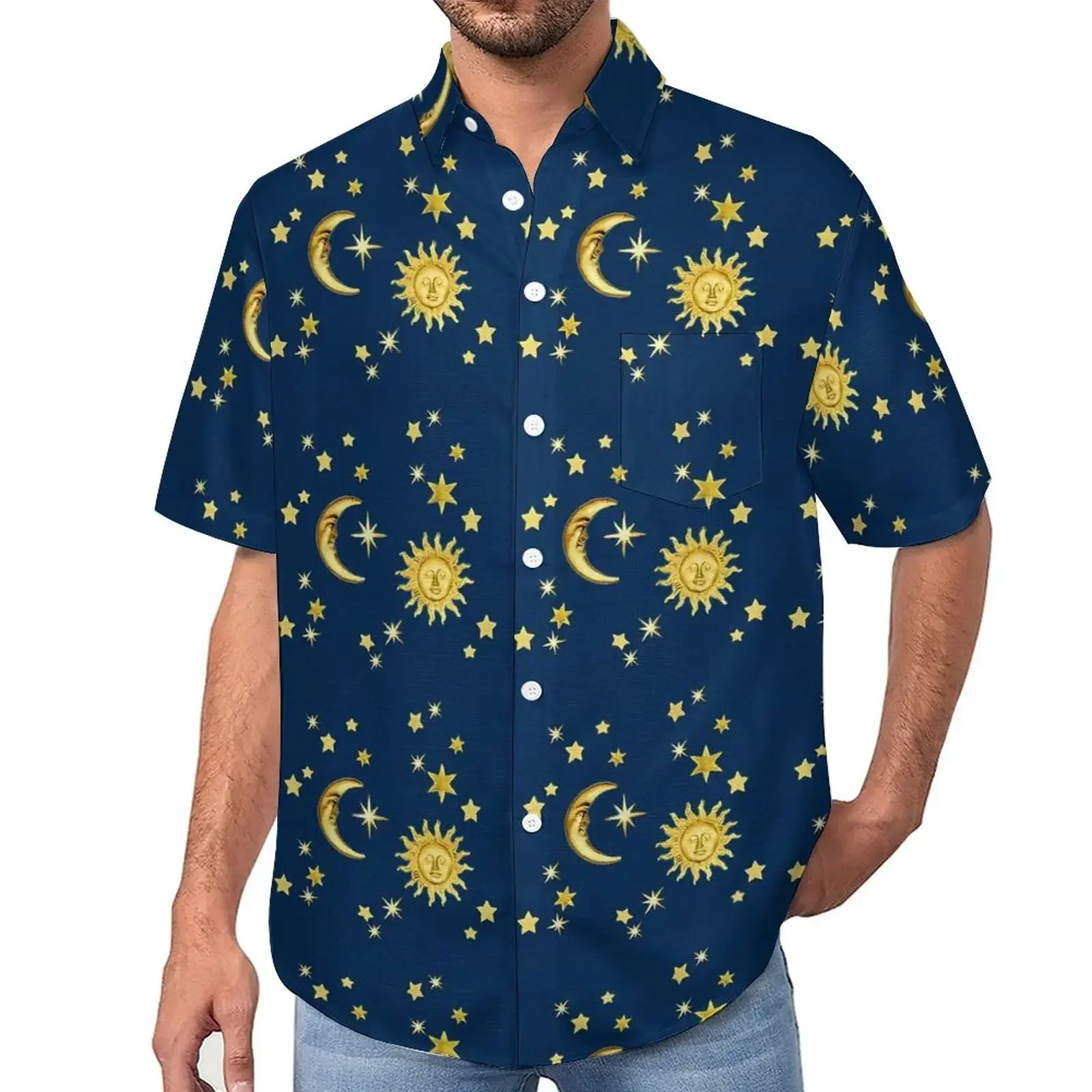 

Гавайская рубашка мужская с коротким рукавом, Повседневная шифоновая блузка с 3D цветочным принтом, с рисунком загара, Луны, звезд, уникальная Милая испанская одежда