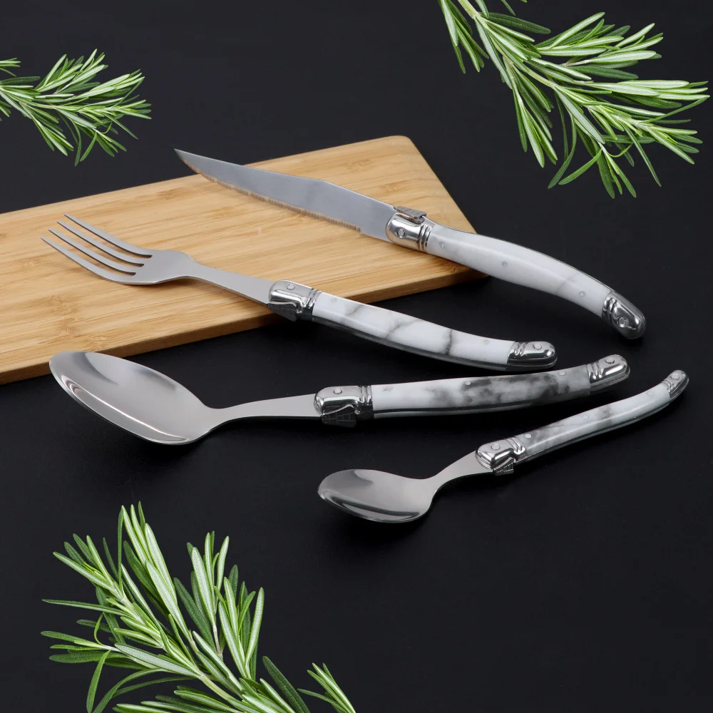 스테인레스 스틸 커트레이 세트, 화이트 마블링 플랫웨어, 모조 대리석 테이블 포크 선물 세트, 스테이크 나이프 주방용 식기류