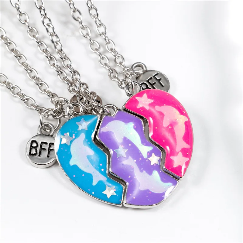 Niedliche herzförmige Delphin-Magnethalsketten für Frauen, beste Freunde, modisches Herz, gebrochene Nähte, Anhänger, BFF-Schmuck, Geschenke