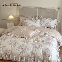 French Rose Flowers Print Lace Ruffles Bedding Set, Egyptian Cotton Duvet Cover, Bed Sheet, Pillowcases, Luxury Vintage, 1000TC
